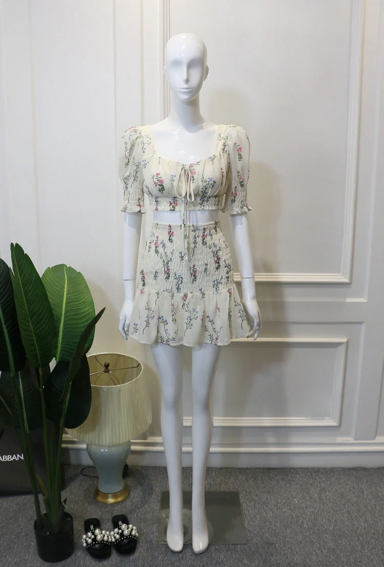 deanwangkt Women Set Boho Sew Summer Sexy Women 2 Two Piece Set Crop Top High Waist Mini Skirt Suits Lady Chic Floral Bodycon Party Clothes Fairy Dress - Deanwangkt