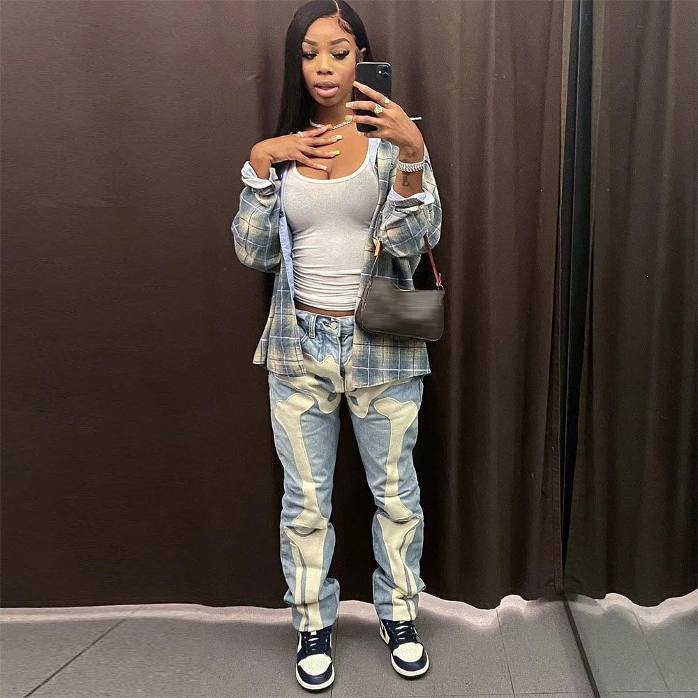 Graduation Gifts  Skeleton Patterned Low Rise Jeans Streetwear Women Black Denim Trousers Cyber Y2k Goth Pants Fall  C82-EF60 - Deanwangkt