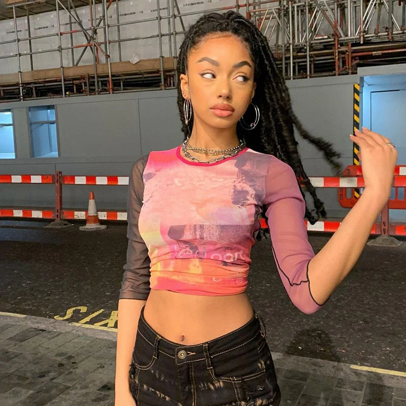 Wenkouban  Print Mesh Crop Top Summer Woman Half Sleeve Tie Dye Pink Tshirts Streetwear Sexy Round Neck Slim See Through Graphic Tees - Deanwangkt
