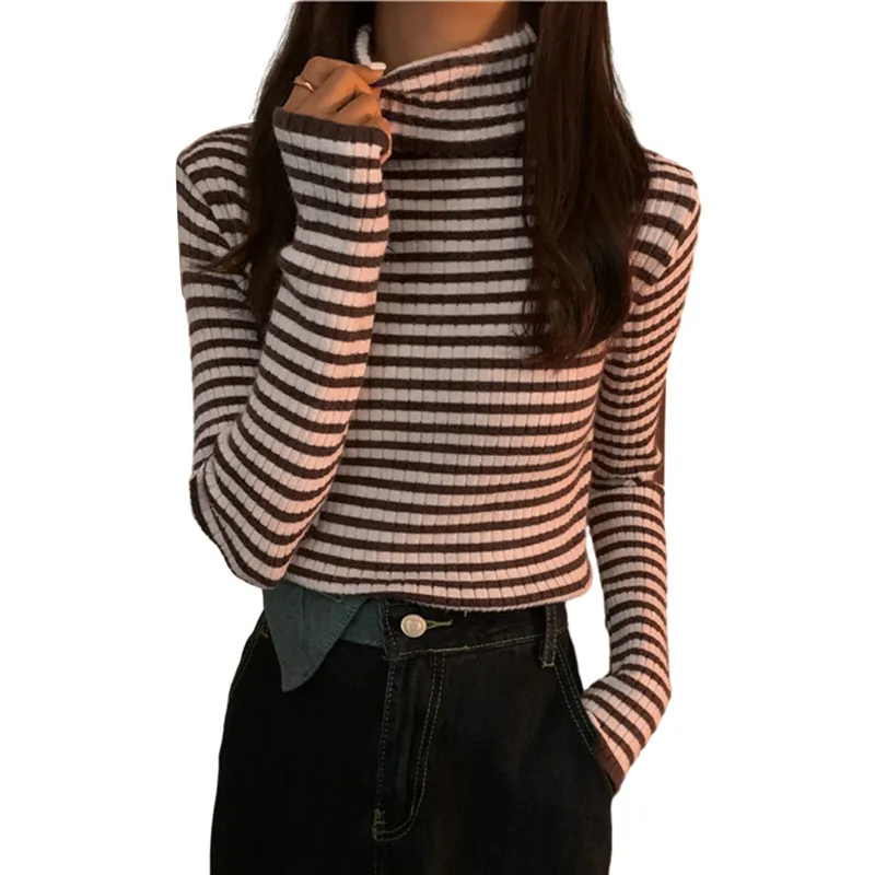 deanwangkt New Black Striped Sweater Women Knitted Pullover Autumn Long Sleeve Turtleneck Knitwear Korean Bottoming Shirt Stretch Jumpers - Deanwangkt
