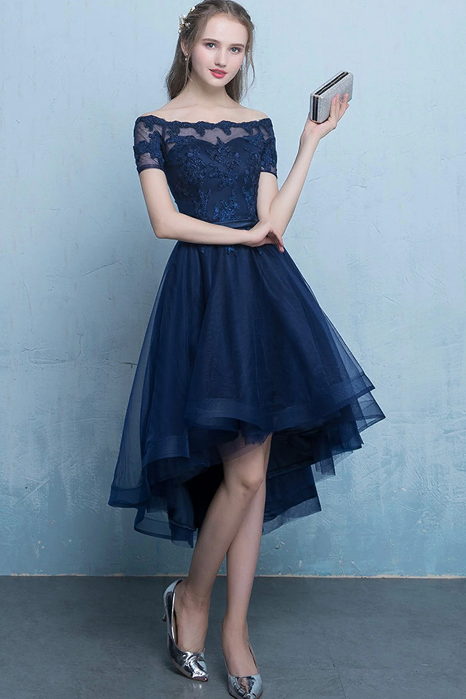 solvbao Blue Tulle Lace Short Prom Dress, High Low Evening Party Dress - Deanwangkt