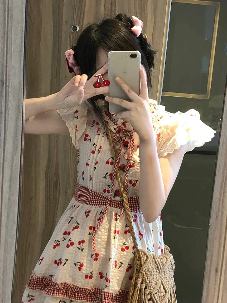 deanwangkt Summer Red Lolita Kawaii Dress Women Bow Sweet Princess Party Mini Dress Female Patchwork Korean Fashion Cherry Cute Dress - Deanwangkt