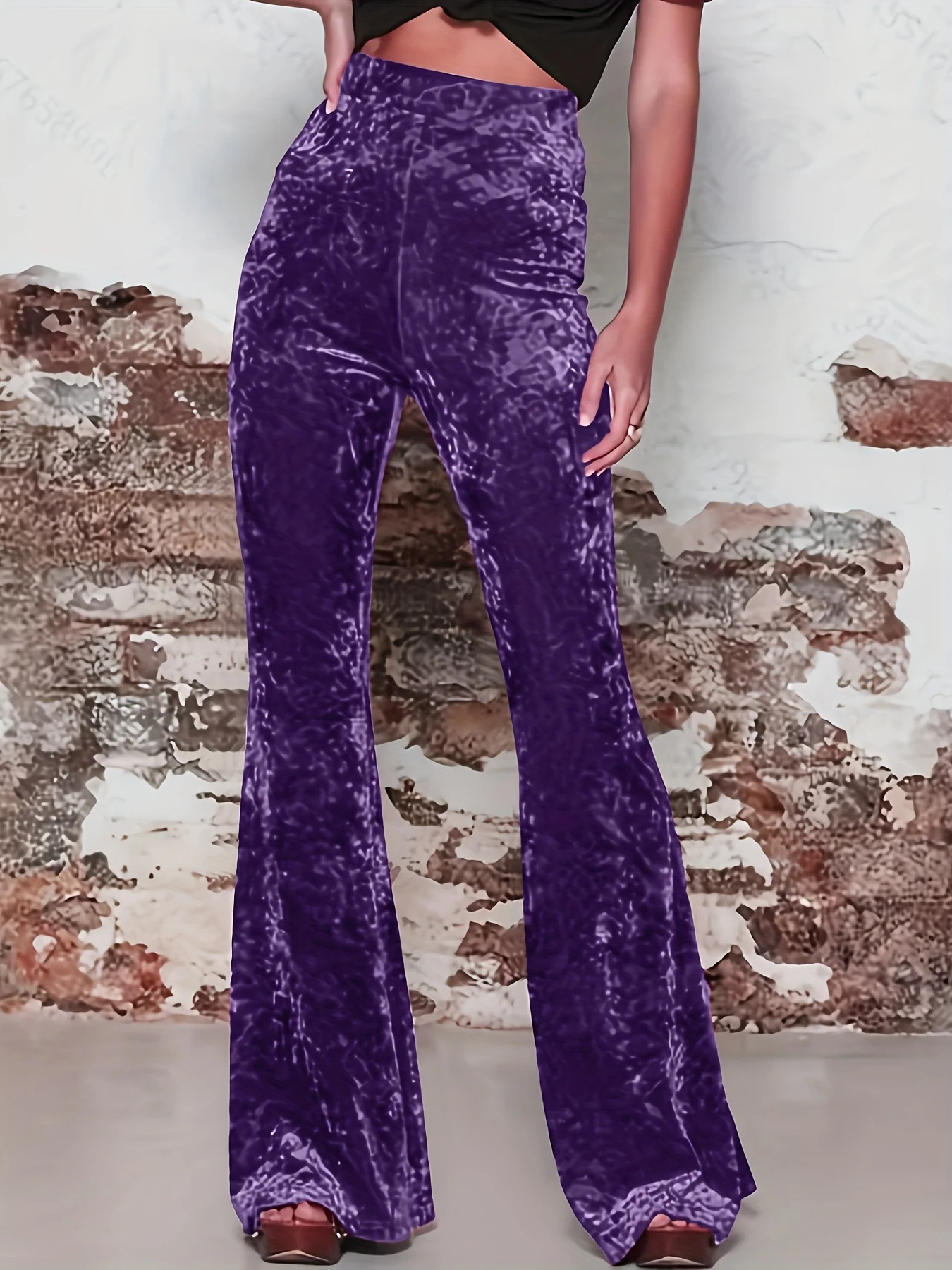 High Waist Solid Velvet Pants, Boho Every Day Flare Leg Pants For All Season, Women's Clothing - Deanwangkt