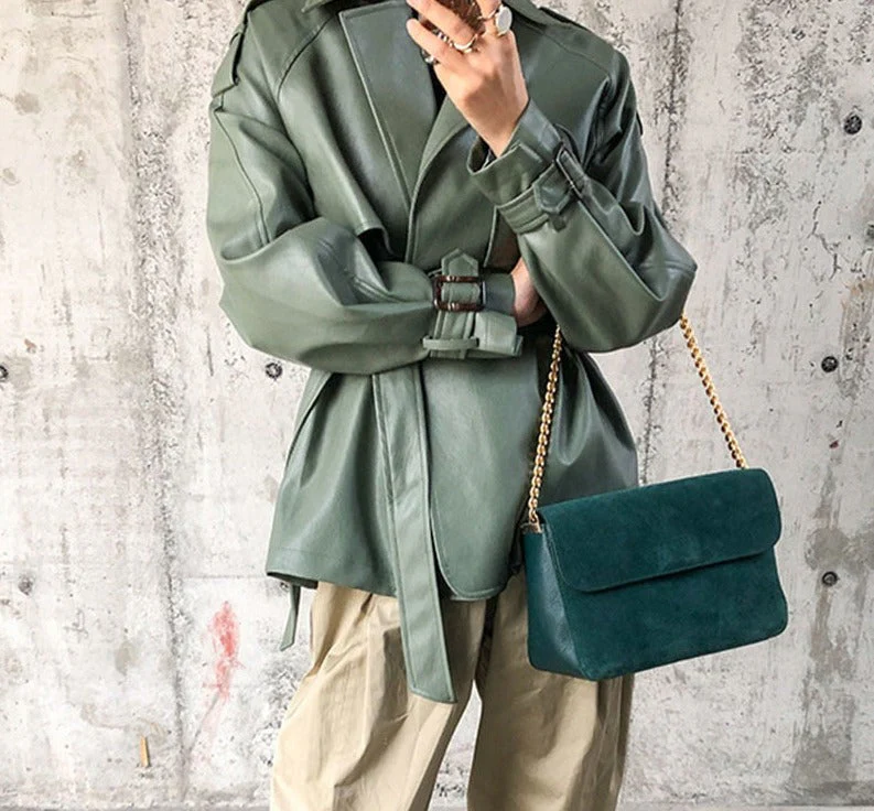 deanwangkt  New Spring Autumn Women Faux PU Leather Casual Streetwear Outwear Motorcycle Leather Jacket With Belt Green Biker Coat - Deanwangkt