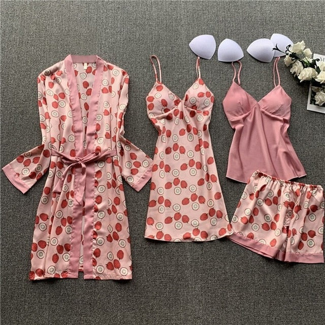 deanwangkt 4 Pieces  Women Pajamas Sets Satin Sleepwear Silk Nightwear Pyjama Soild Strap Lace Sleep Lounge Pijama With Chest Pads - Deanwangkt