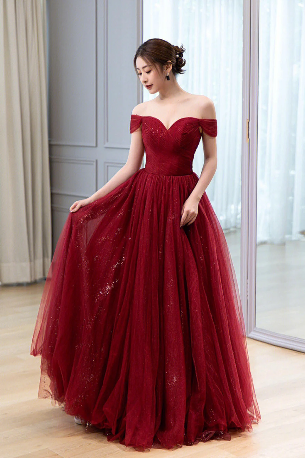 solvbao Burgundy Tulle Long Prom Dress, A-Line Off the Shoulder Evening Dress - Deanwangkt