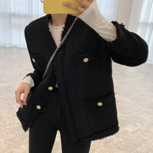 deanwangkt  Woman Jacket New Korea Elegant V-neck Edge Stitching Three Buttons Loose Pocket Tweed Short Coat Ladies Wear - Deanwangkt