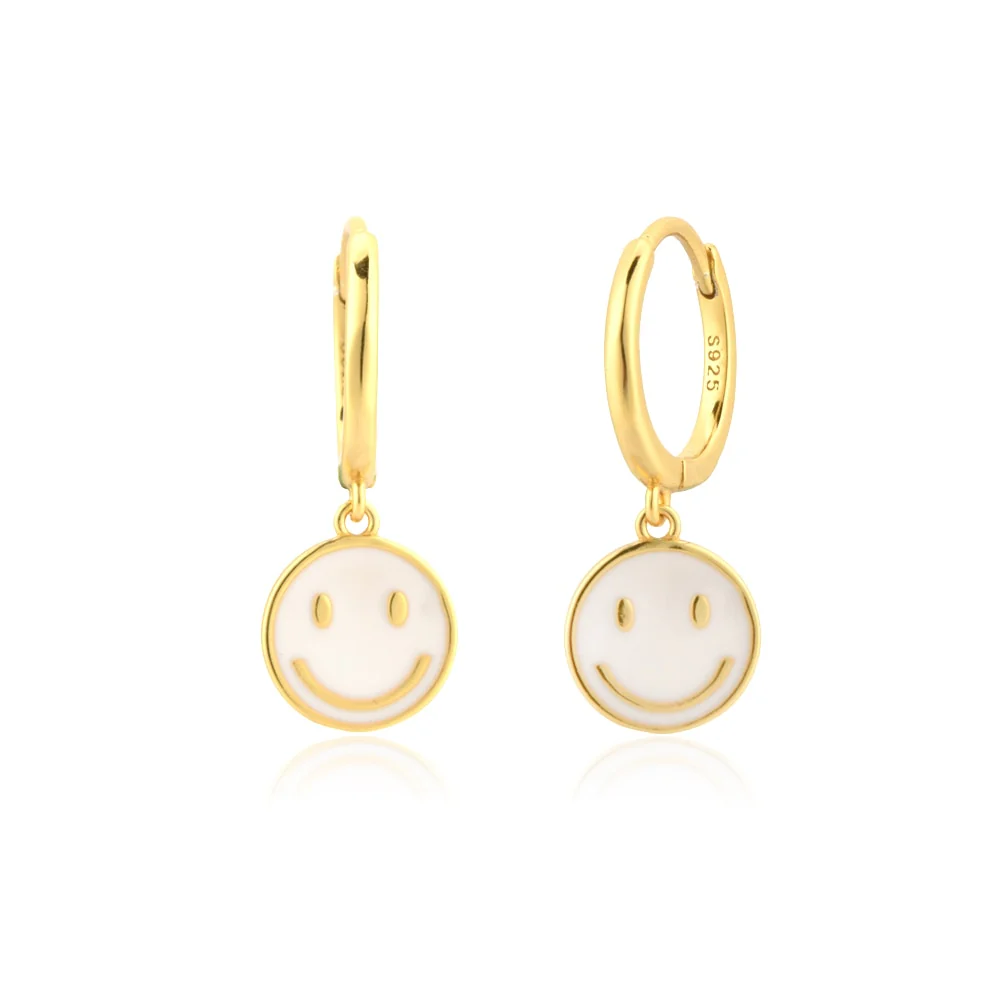 DEANWANGKT Sterling Silver Gold White Pink Enamel Smile Drop Earring Black Clips Pendiente Spring Summer Jewelry For Women Gift - Deanwangkt