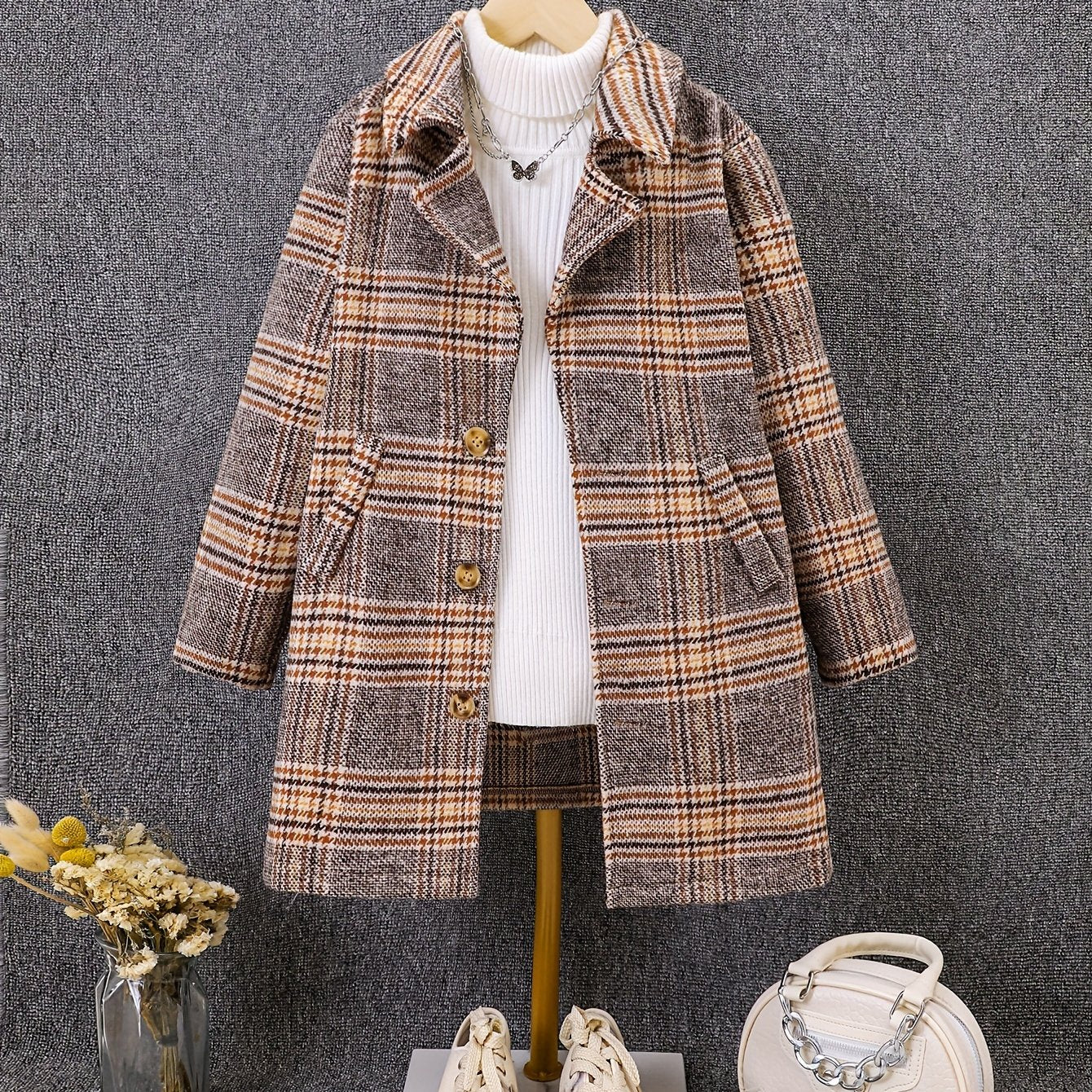 Girls Retro Plaid College Style Button Lapel Faux Woolen Jacket Overcoat, Autumn And Winter - Deanwangkt
