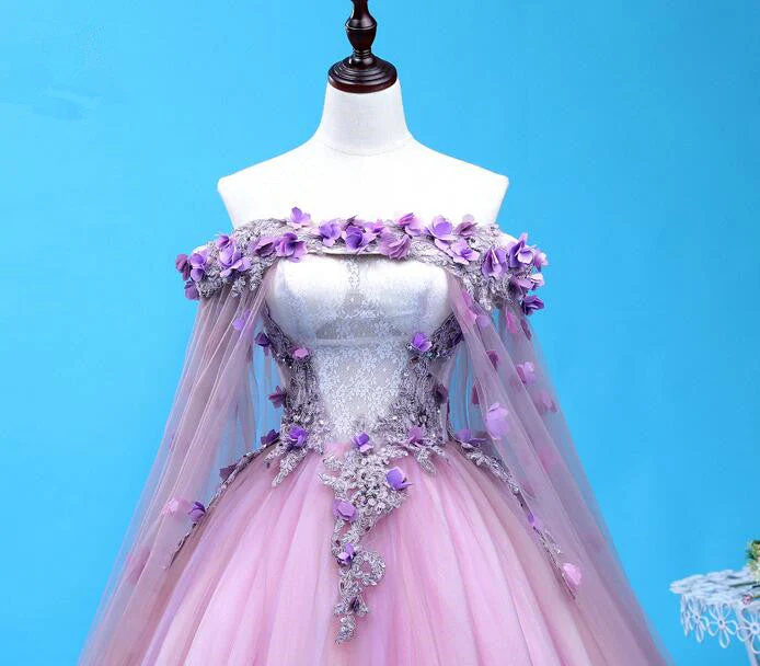 Solvbao Light Purple Tulle Long Sweet 16 Gown, Flowers Quinceanera Dress - Deanwangkt