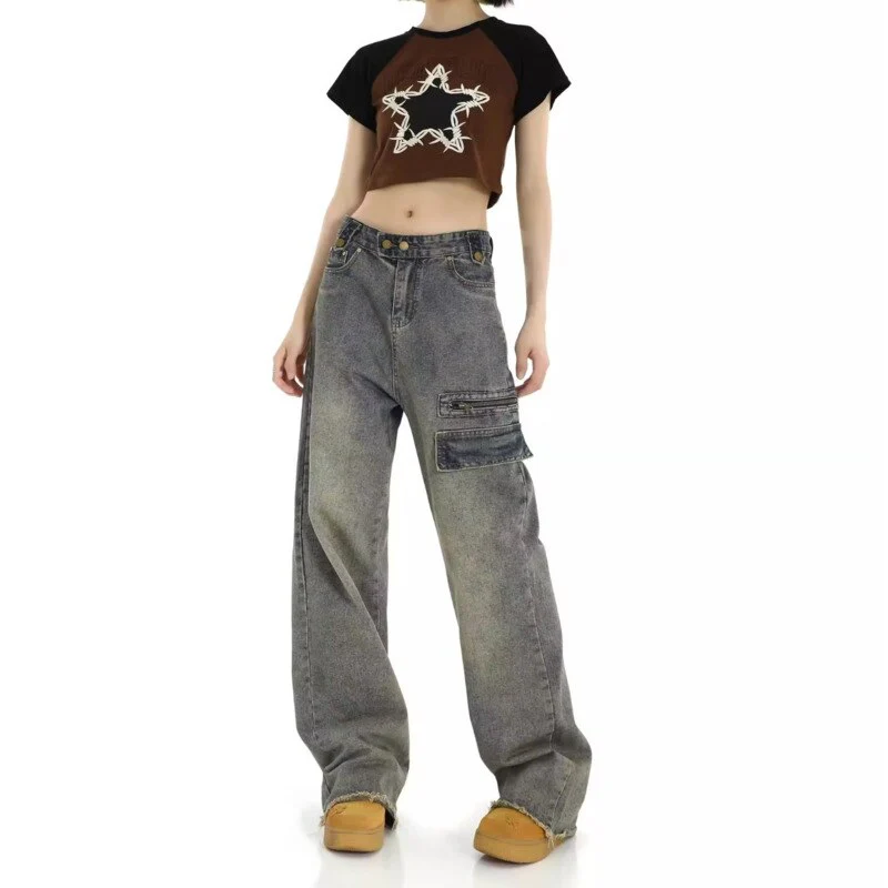 deanwangkt Hong Kong Style Retro High Waisted Workwear Jeans, Women's Summer New Unique Design, Straight Pocket, Floor Long Pants - Deanwangkt