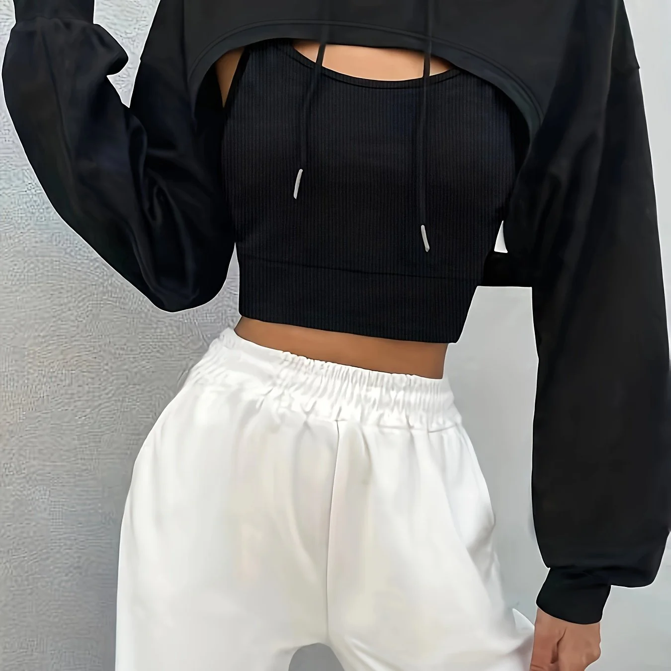 deanwangkt  Casual Two-piece Set, Drawstring Crop Hoodie & Solid Top Outfits, Women's Clothing - Deanwangkt