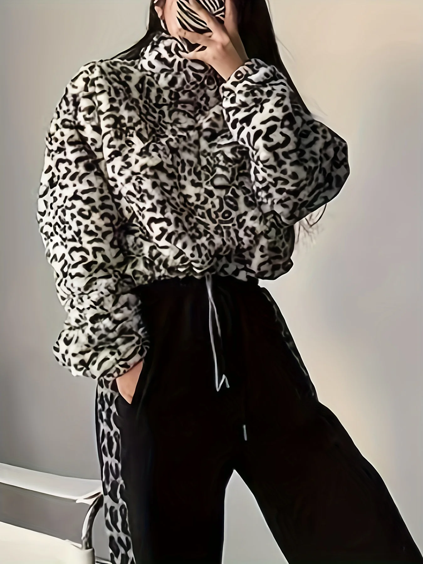 Leopard Plush Half Zipper Coat, Casual Long Sleeve Drawstring Crop Coat, Women's Clothing - Deanwangkt