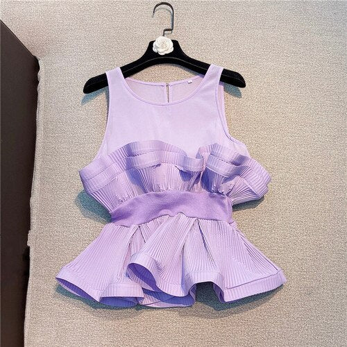 deanwangkt  Solid Color Sweet Pleated Ruffles Patchwork Shirt Women Sleeveless Slim Chiffon Blouse Top for Lady - Deanwangkt