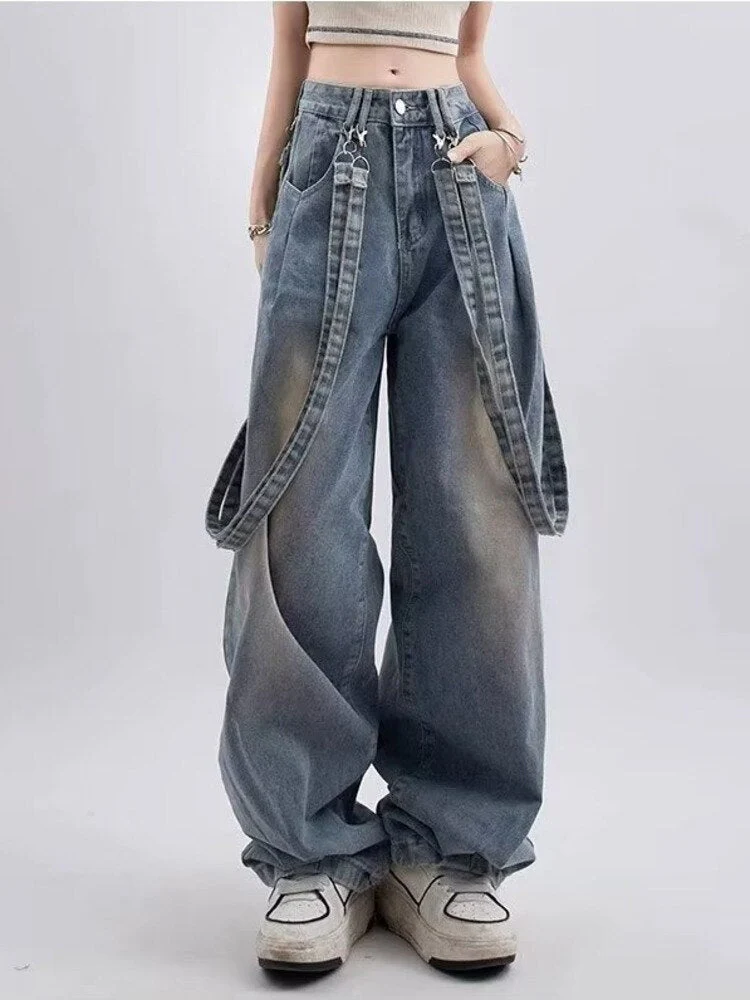 deanwangkt Autumn Women's Retro Niche Ribbon Design With Versatile Washable And Distressed Wide Leg High Waisted Women's Jeans - Deanwangkt