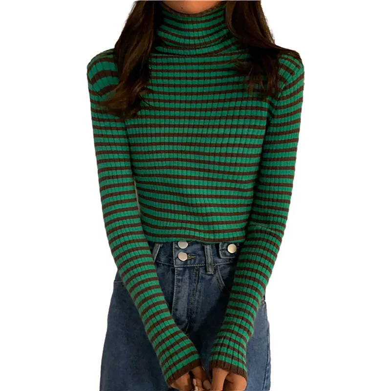 deanwangkt New Black Striped Sweater Women Knitted Pullover Autumn Long Sleeve Turtleneck Knitwear Korean Bottoming Shirt Stretch Jumpers - Deanwangkt