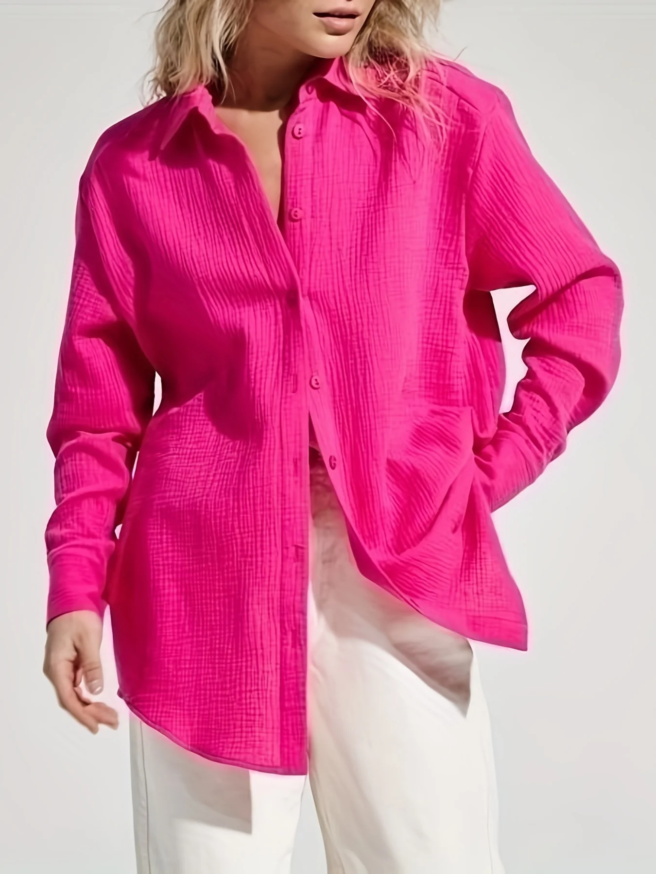 Solid Simple Shirt, Casual Button Front Long Sleeve Shirt, Women's Clothing - Deanwangkt