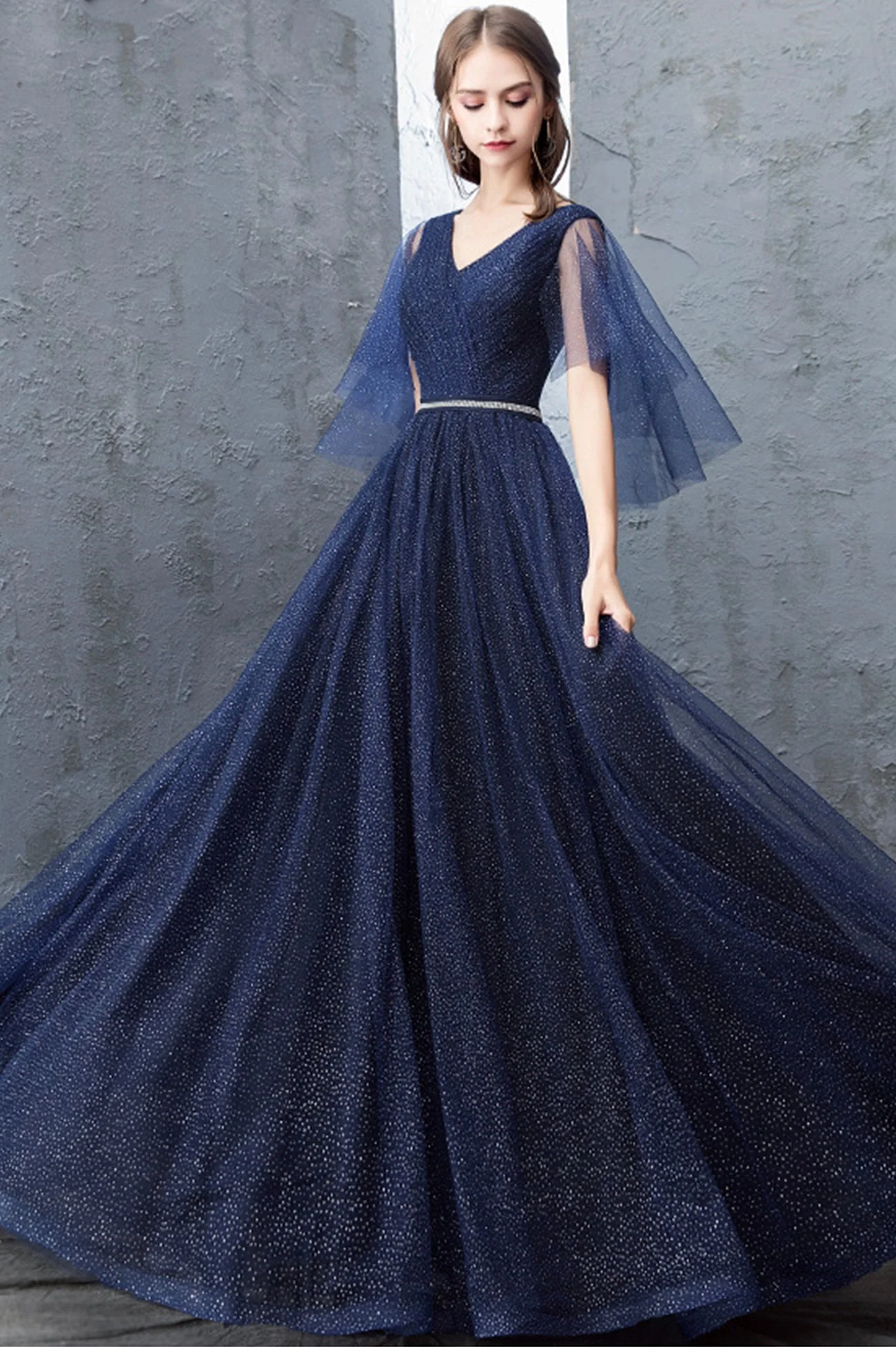 solvbao Blue V-Neck Tulle Long Prom Dresses, A-Line Evening Dresses - Deanwangkt