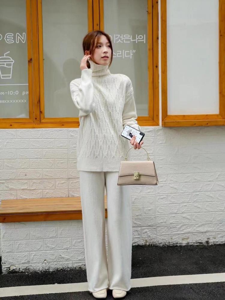 Women Solid Knit Sweater Suit Autumn Winter Casual Turtleneck Pullover High Waist Wide Leg Pants Elegant 2 Piece Sets Lazy Style - Deanwangkt