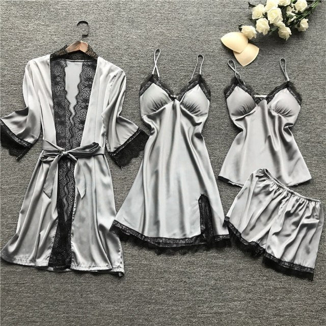 deanwangkt 4 Pieces  Women Pajamas Sets Satin Sleepwear Silk Nightwear Pyjama Soild Strap Lace Sleep Lounge Pijama With Chest Pads - Deanwangkt