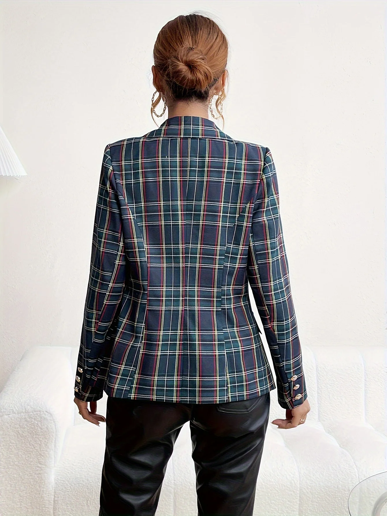 deanwangkt-1 Plaid Print Lapel Blazer, Casual Double Breasted Long Sleeve Outerwear, Women's Clothing - Deanwangkt