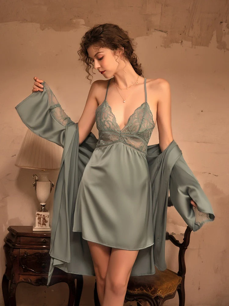 deanwangkt 3 Piece Lingerie Set with Robe Satin Pajamas Dress Cardigan Long Sleeve Top Sexy Sleepwear Bath Female Adult Nightwear Nightgown - Deanwangkt