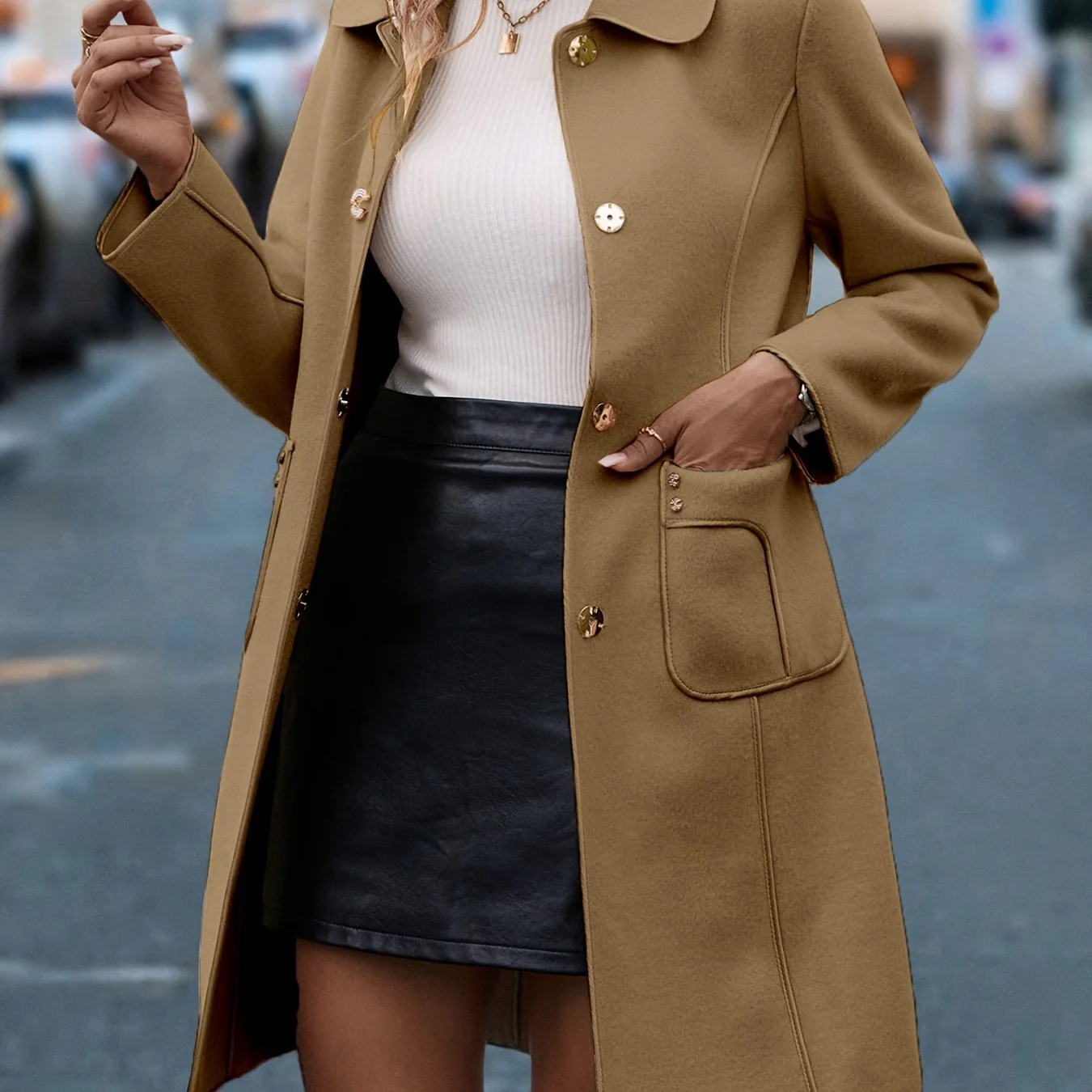 Waterfall Collar Button Overcoat, Casual Warm Fall Winter Long Sleeve Outerwear, Women's Clothing - Deanwangkt