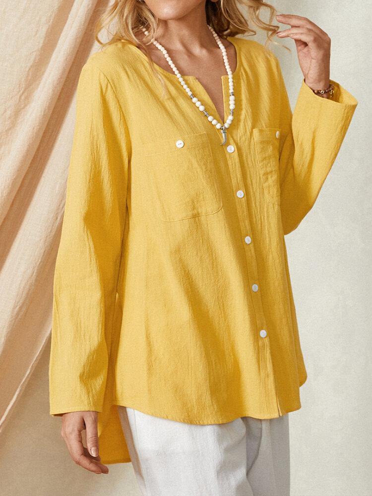 deanwangkt Women Mustard Yellow V-neck Front Pocket Design Long Sleeve Casual Shirts - Deanwangkt