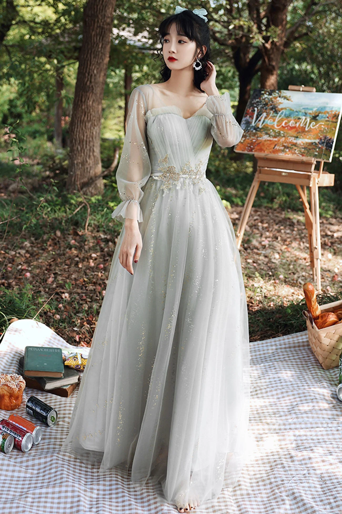 solvbao Gray Tulle Lace Long A-Line Prom Dresses, Gray Tulle Bridesmaid Dresses - Deanwangkt