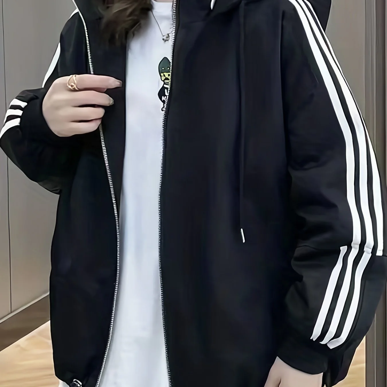 deanwangkt-1 Striped Print Zip Up Jacket, Casual Drawstring Hooded Jacket, Women's Clothing - Deanwangkt