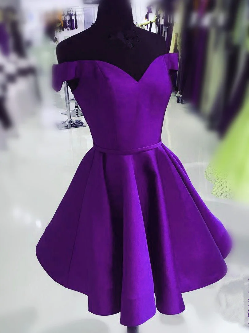Solvbao Purple Satin Off Shoulder Short Cute Homecoming Dress, Purple Prom Dress Party Dress - Deanwangkt