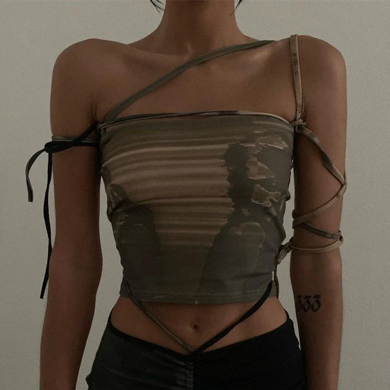 deanwangkt Fashion Print Sleeveless Crop Tops for Women Bandage Sexy Backless Tie Up Halter Top Female Cropped Top Summer - Deanwangkt