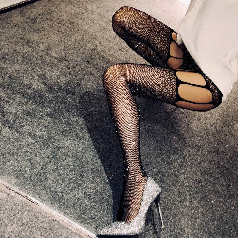 deanwangkt Fishnet Garter Socks Drill Black Stockings Women's Thin Sling Tights Black Diamond Lace JK Funny Socks Harajuku Fishnet Socks - Deanwangkt