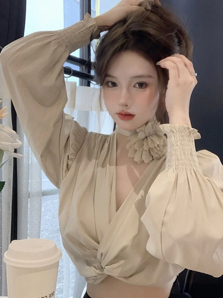 deanwangkt Temperament Tops Female V-neck Puff Sleeve Floral Blouse for Women Cropped Top  Blusas Mujer De Moda Chic Sexy Shirts 27m412 - Deanwangkt