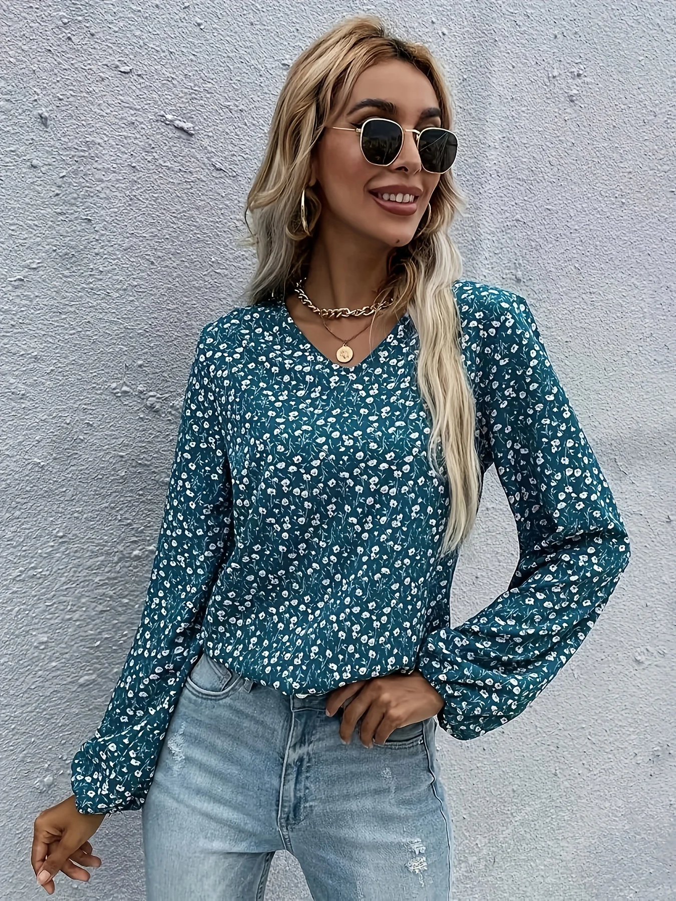 Ditsy Floral Print Blouse, Elegant V Neck Lantern Sleeve Blouse, Women's Clothing - Deanwangkt