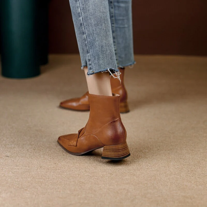deanwangkt  fashion inspo   NEW Autumn Shoes Women Square Toe High Heels Geunine Leather Boots Chunky Heel Ankle Boots for Women Mature Pleated Modern Boots - Deanwangkt