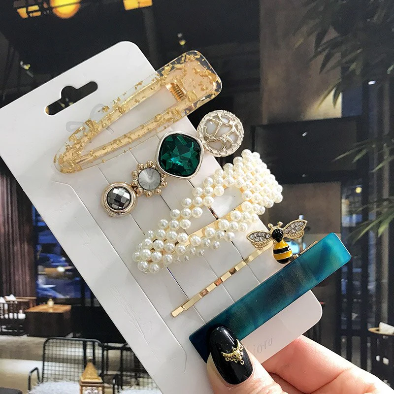 deanwangkt 4PCS Hair Clips Set Crystal Simulation Pearl Hair Accessories Fashion Barrettes For Women Bees Star Heart Hairgrip Hairpins - Deanwangkt