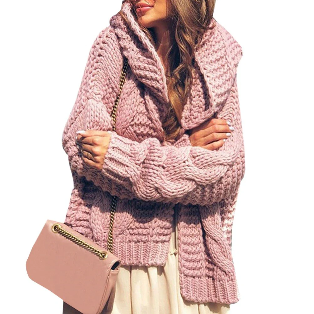 deanwangkt Women Loose Knitting Coat Plus Size 3XL Female Casual Knitwear Autumn Women Weater Cardigan Solid Hooded Sweater Coat - Deanwangkt