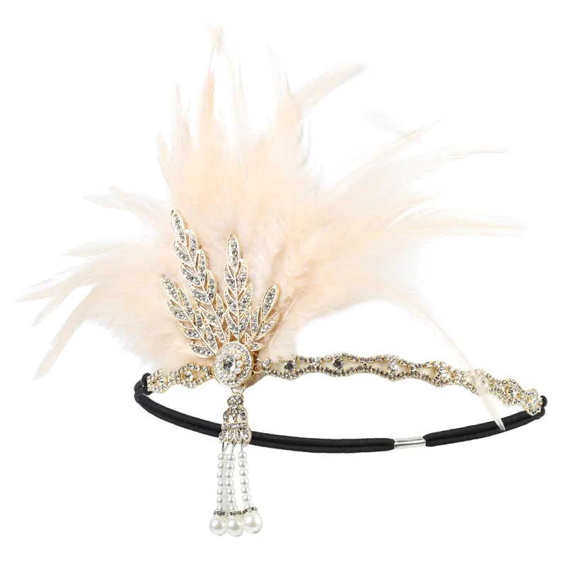 deanwangkt 1920S Flapper Headband Feather Headpiece Roaring 20S Great Gatsby Inspired Leaf Medallion Pearl Headband Women Hair Accessories - Deanwangkt