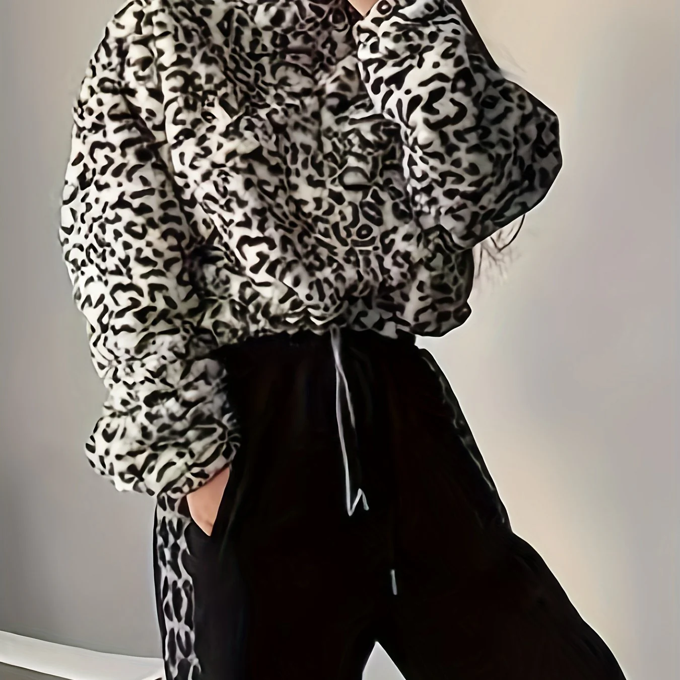 Leopard Plush Half Zipper Coat, Casual Long Sleeve Drawstring Crop Coat, Women's Clothing - Deanwangkt