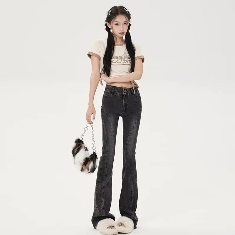 deanwangkt Small American Retro Micro Flared Jeans For Women With A Sense Of Design, Niche High Waisted And Slim, Versatile Floor Mop Pants - Deanwangkt
