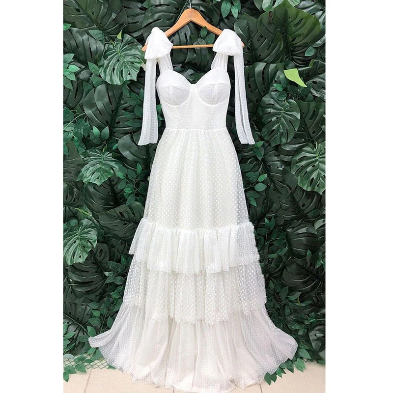 Summer Women Long Party Dress Spaghetti Strap Cake Dresses White Polka Dot Maxi Tunic Beach Dress - Deanwangkt