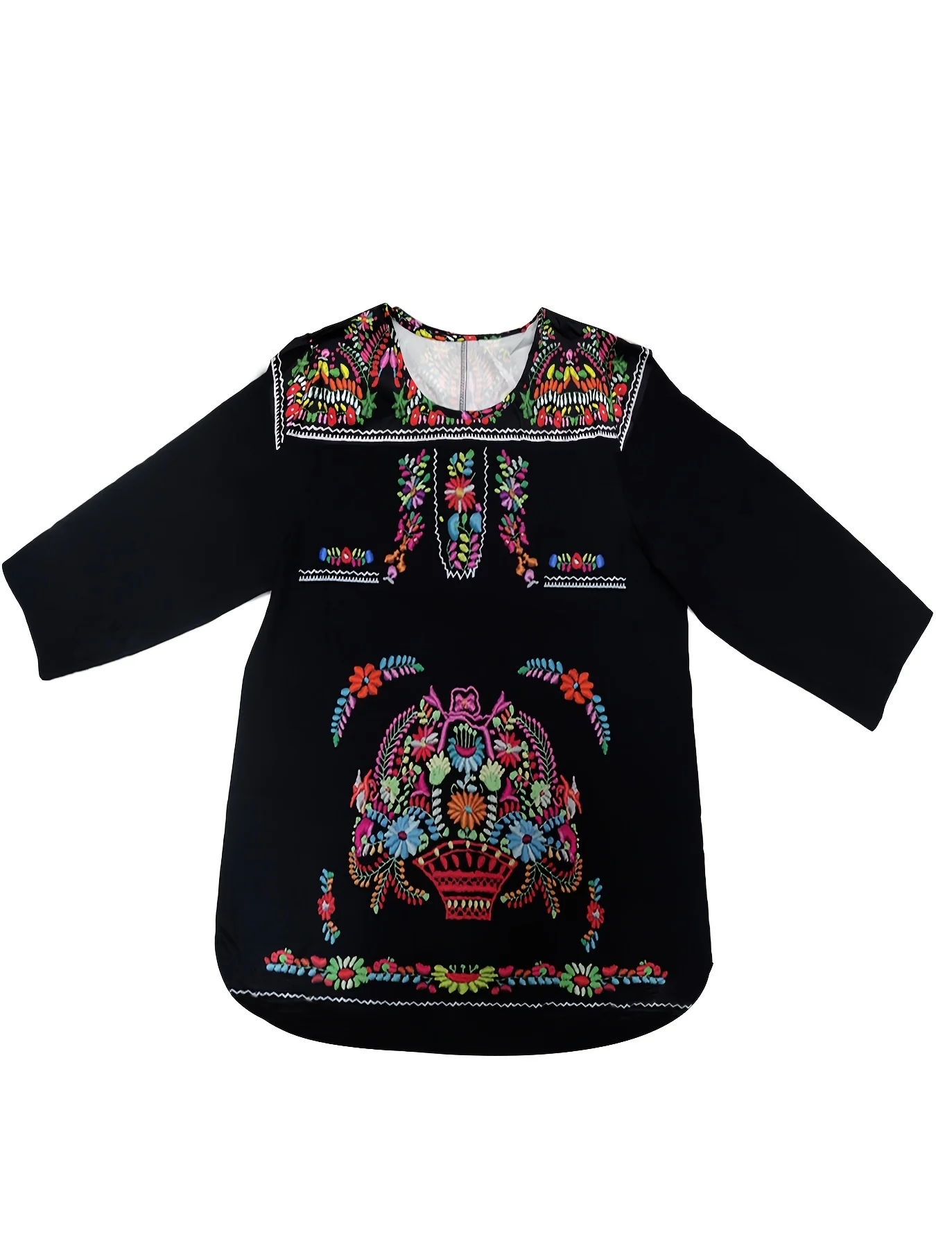 Plus Size Boho Blouse, Women's Plus Tribal Print Long Sleeve Round Neck Asymmetrical Hem T-shirt - Deanwangkt