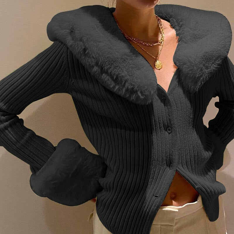 deanwangkt Fashion Fluffy Faux Fur Knitted Top Coats Women Autumn Winter Button Up Long Sleeve Warm Overcoats Casual High Street Jackets - Deanwangkt