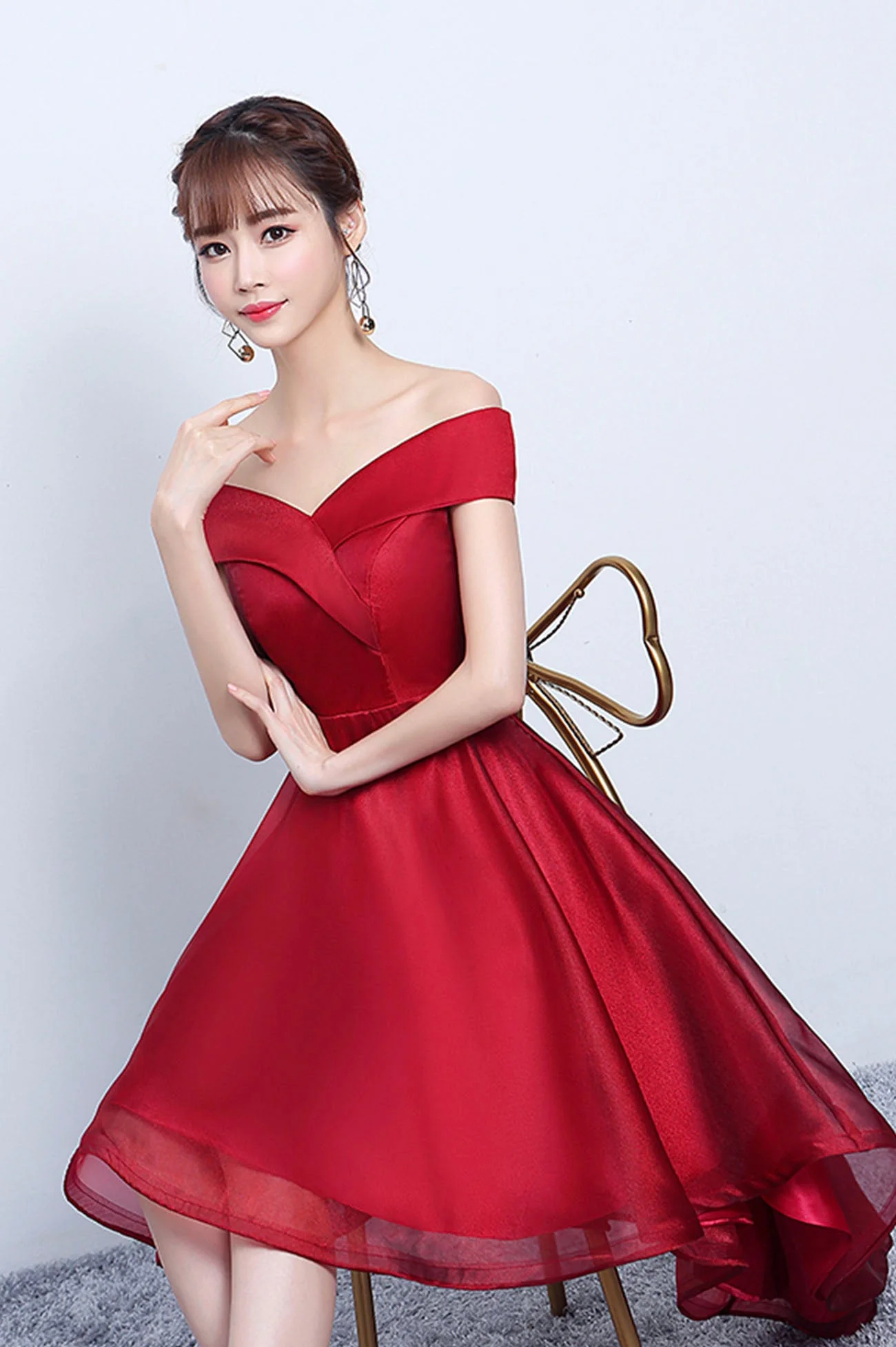 solvbao Red V-Neck Tulle High Low Prom Dress, Off the Shoulder Party Dress - Deanwangkt