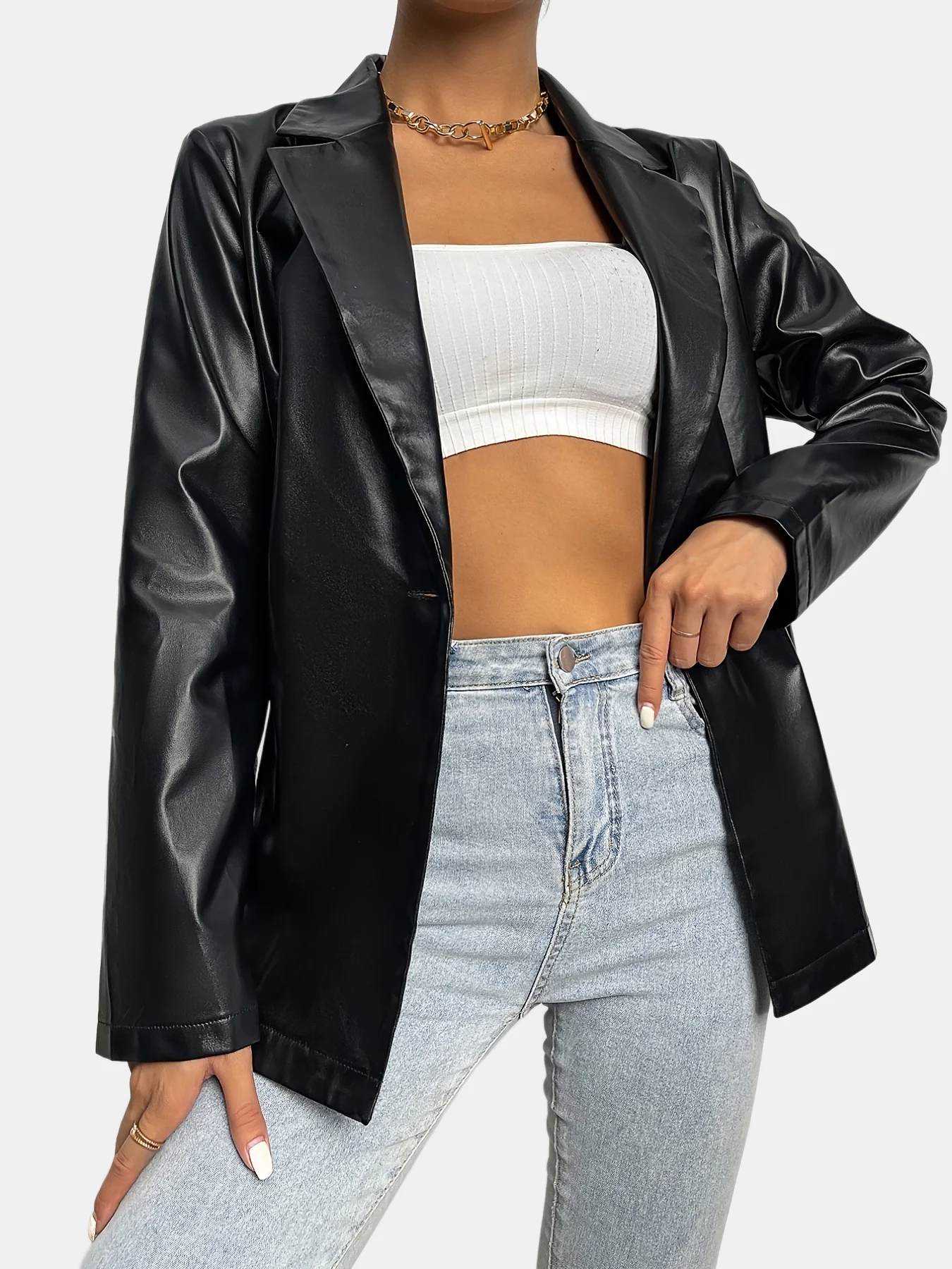 deanwangkt-1  Solid Lapel Faux Leather Long Sleeve Jacket, Elegant Open Front Stylish Outerwear, Women's Clothing - Deanwangkt