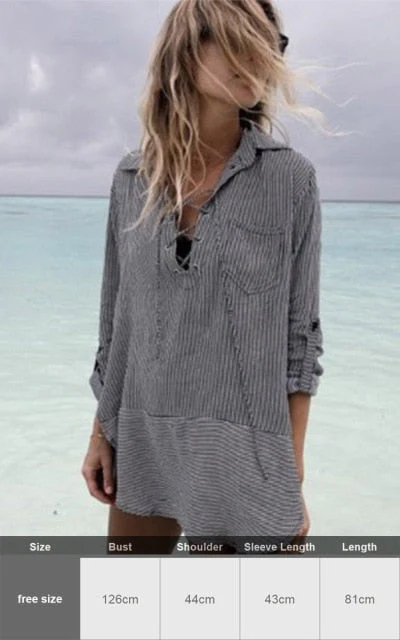 Sexy New Shirt Beach Up White Beach Dress Loose Blouse Tunic Pocket Long Sleeve Swimsuit Cover Up Casual Beachwear - Deanwangkt