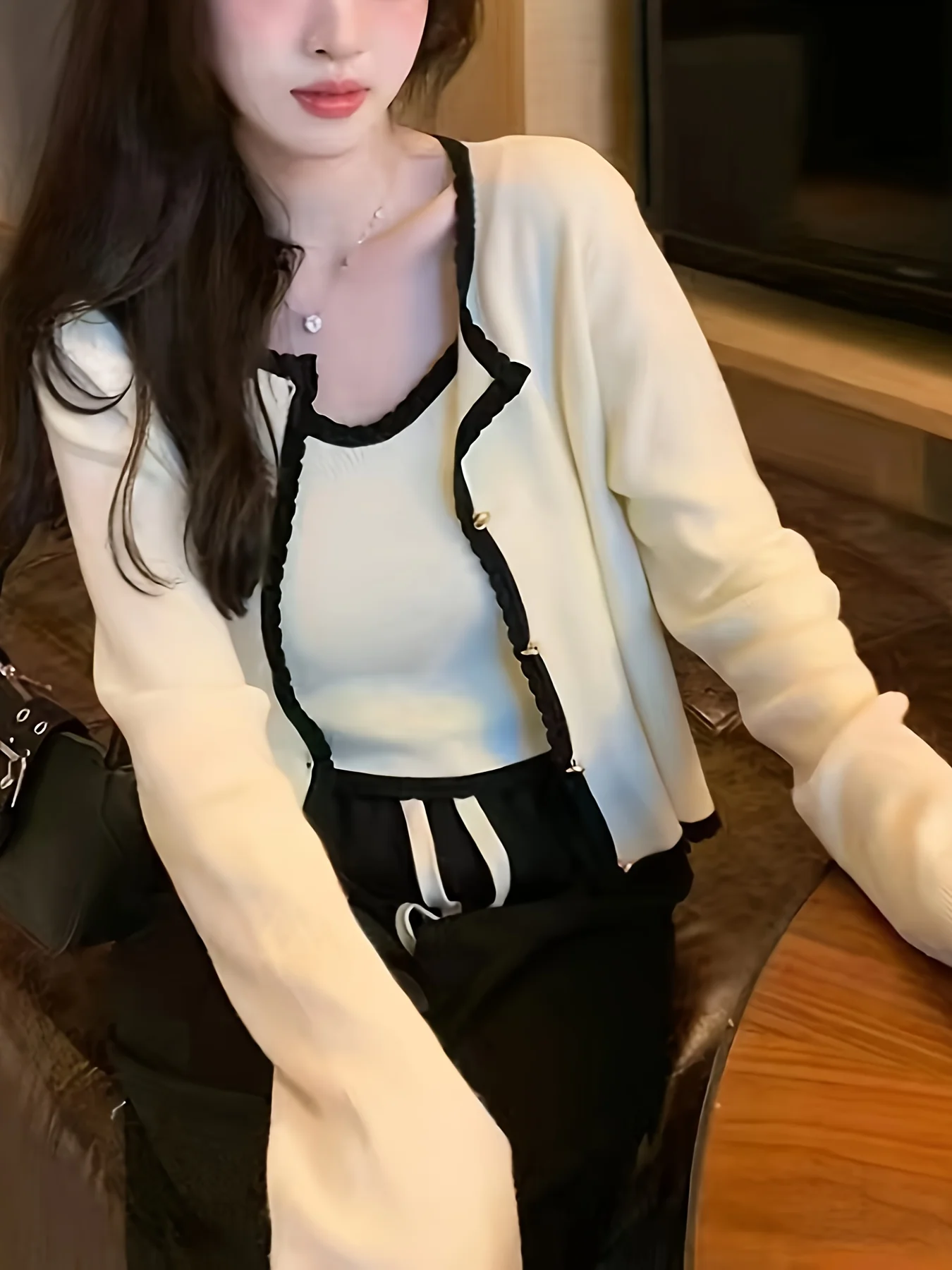 deanwangkt  Contrast Trim Two-piece Set, Cami Top & Button Front Long Sleeve Cardigan Outfits, Women's Clothing - Deanwangkt