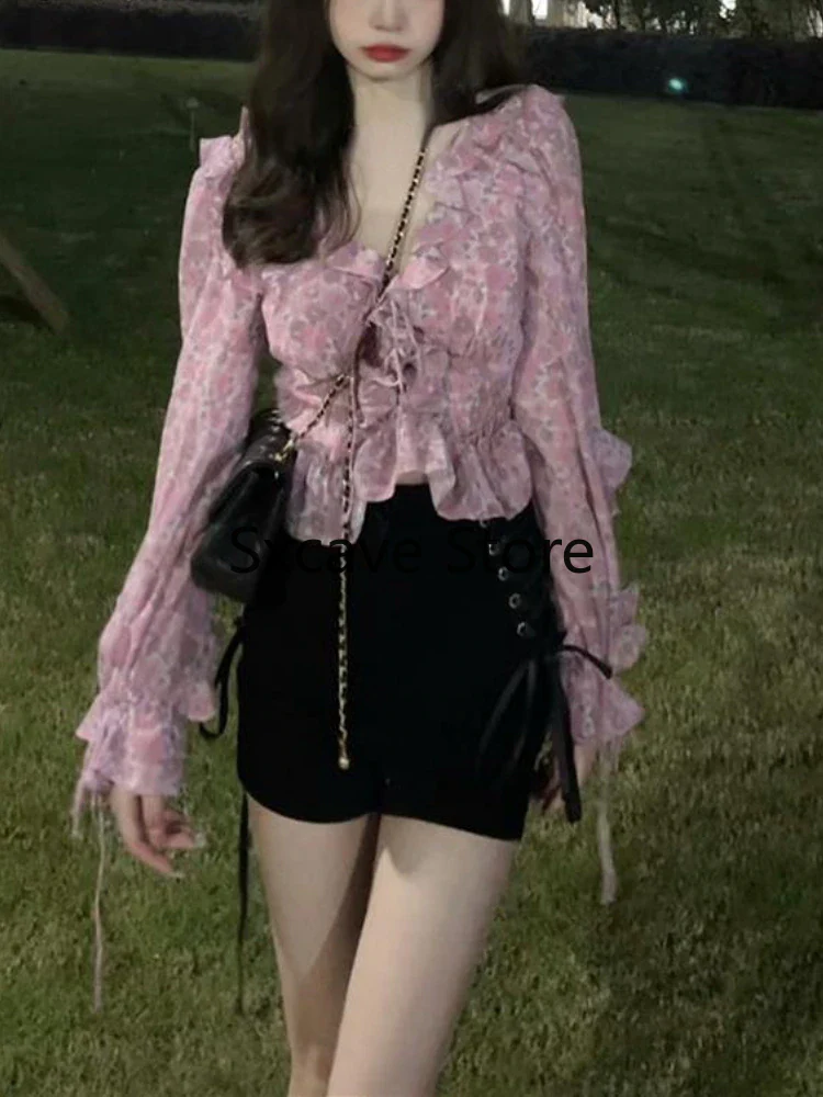 deanwangkt Summer Floral Elegant Blouse Women Outwear Korean Style Casual Chiffon Shirts Office Lady V-Neck Long Sleeve Y2k Crop Tos - Deanwangkt