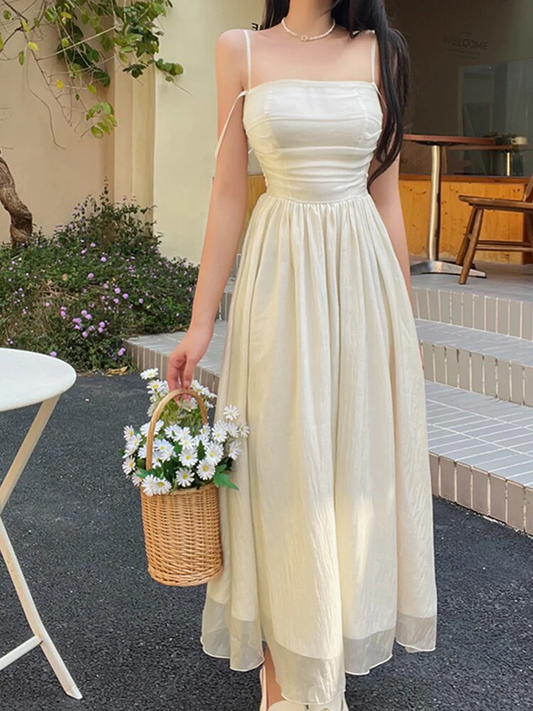 Joskka Pleated Corset Cami Midi Aesthetic Dresses Folds Bodycon Women Sleeveless High Waist Folds Elegant Vacation Pretty Hoco Dresses - Deanwangkt